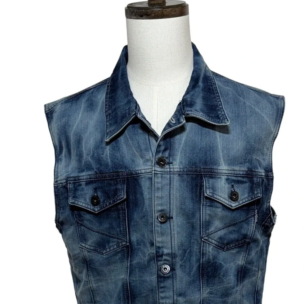 Ring of Fire Vest Men XXL Blue Denim Los Angeles Sleeveless Motorcycle Biker Y2K